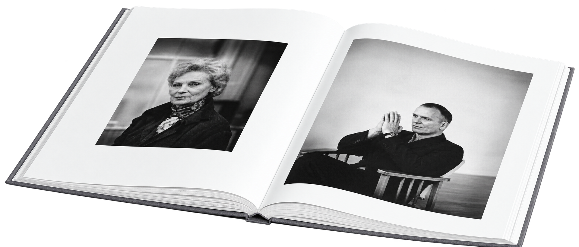 Enhanced presentation of a portrait spread in the photography book.