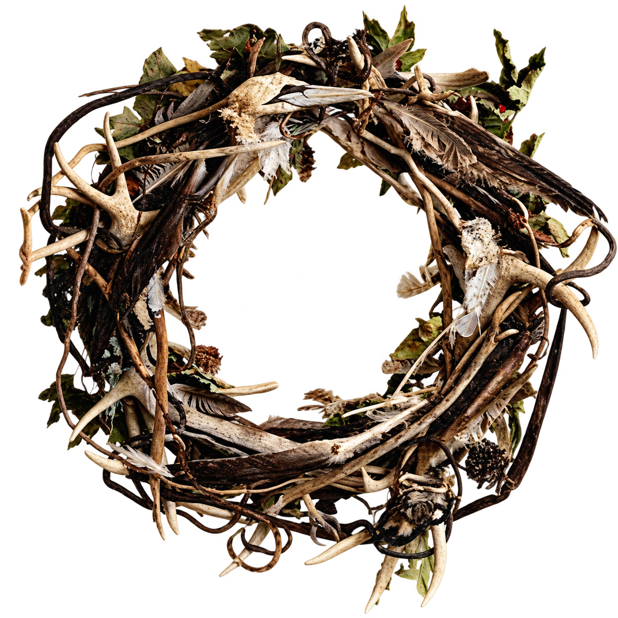 Restored cutout of the original O for Origins, built from twigs, leaves, antlers and feathers.